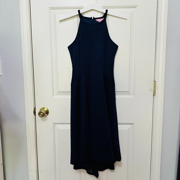 LILLY PULITZER LASER CUT SCUBA HIGH LOW HALTER AURELIE MIDI DRESS NAVY - Picture 3 of 10